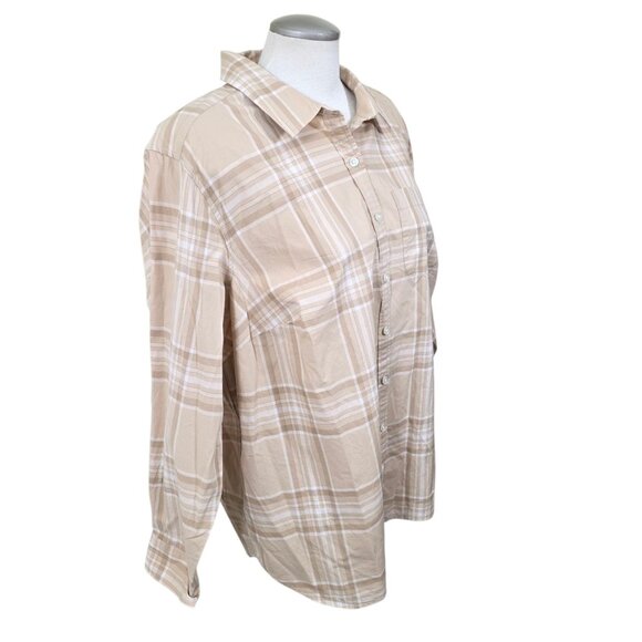 Lands End Womens 1X Plaid Button Up Top Shirt Blouse 1X Office Career Beige Tan - Picture 2 of 6